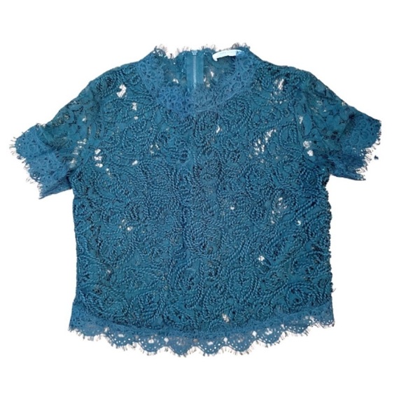 Zara Trafaluc Cropped Lace Top With Short Sleeves and Zipper Back Forest Green - Picture 3 of 5